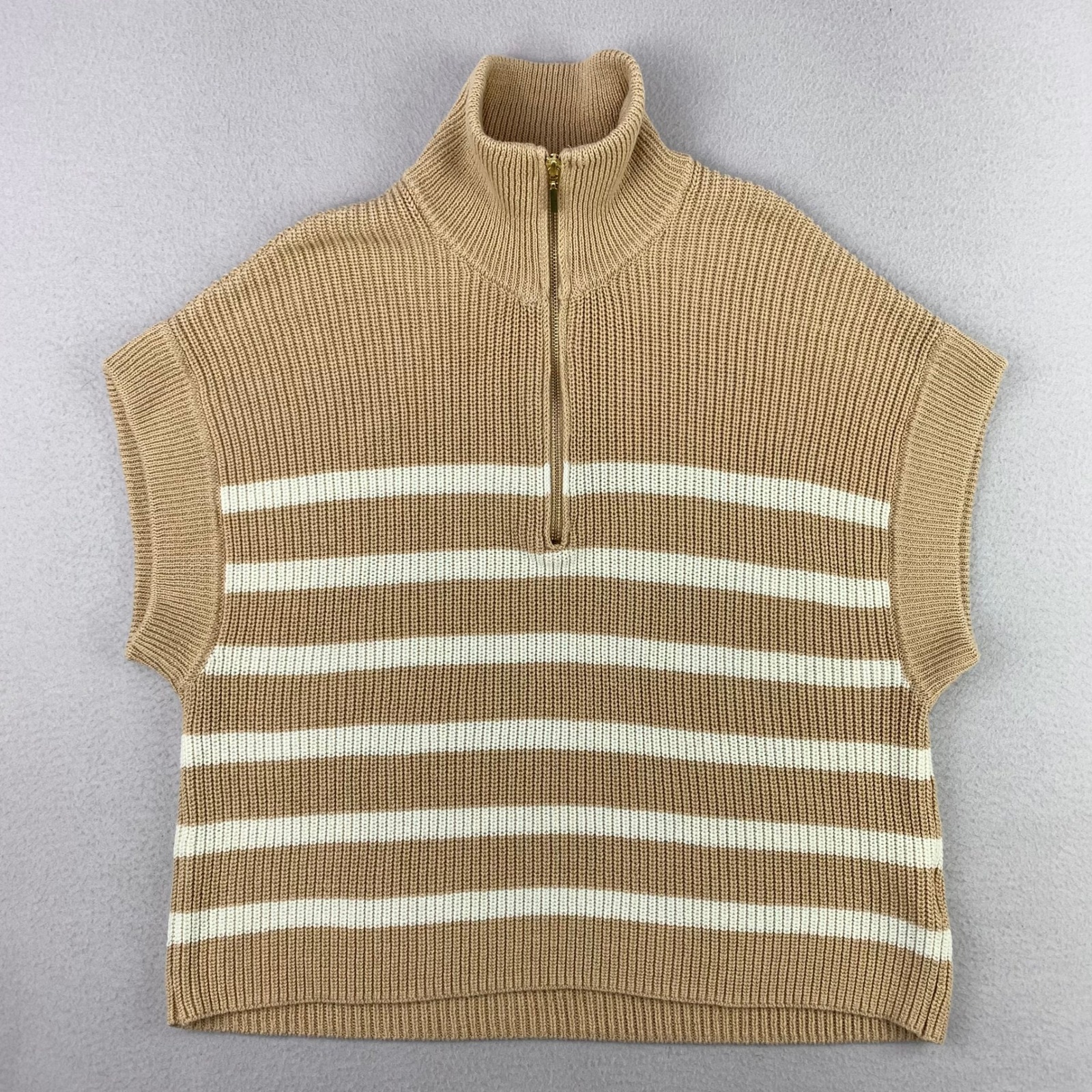 Broadway 38 Sweater Womens M Tan Striped Quarter Zip Short Sleeve Gold Zip